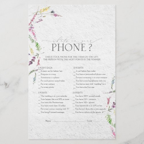 Wildflower Watercolor Floral Bridal Shower Game - Modern, elegant bridal shower game "What's on Your Phone" featuring watercolor wildflower motifs in soft shades of blush pink, lilac and lavender, yellows, blues and delicate green botanical leaves. Personalize your questions in soft off-black, accented with beautiful modern hand lettered calligraphy. Part of a co-ordinated suite. View suite here: https://www.zazzle.com/collections/elegant_wildflower_watercolor_floral_bridal_shower-119635760261893795 Contact designer for matching products. Copyright Anastasia Surridge for Elegant Invites, all rights reserved.
