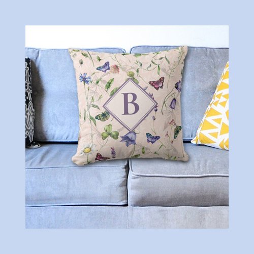 Wildflower Watercolor Floral Butterfly Monogram Throw Pillow