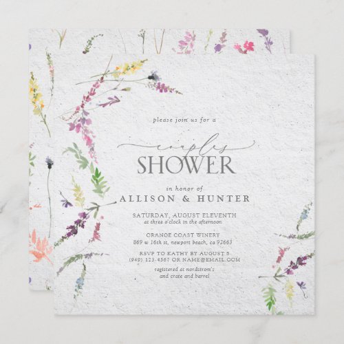 Wildflower Watercolor Floral Couples Shower Invitation - Modern, elegant square couples shower invitation featuring watercolor wildflower motifs in soft shades of blush pink, lilac and lavender, yellows, blues and delicate green botanical leaves. Personalize your bridal shower details in soft off-black, accented with beautiful modern hand lettered calligraphy. Part of a co-ordinated suite. Part of a co-ordinated suite. See full collection here: https://www.zazzle.com/collections/elegant_wildflower_watercolor_floral_bridal_shower-119635760261893795 contact designer for additional products. Copyright Elegant Invites, all rights reserved.