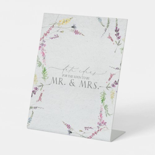 Wildflower Watercolor Floral Date Ideas Pedestal Sign - Designed to coordinate with my Elegant Wildflower Watercolor Floral Bridal Shower Suite, this gorgeous bridal shower "date ideas for the soon to be Mr. & Mrs." pedestal sign features  watercolor wildflower motifs in soft shades of blush pink, lilac and lavender, yellows, blues and delicate green botanical leaves. Accented with beautiful modern hand lettered calligraphy. Part of a coordinated suite. See full collection here: https://www.zazzle.com/collections/elegant_wildflower_watercolor_floral_bridal_shower-119635760261893795 contact designer for additional products. Copyright Elegant Invites, all rights reserved.