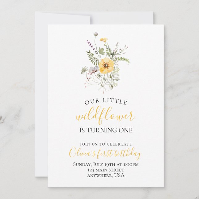 Wildflower watercolor floral first birthday invitation (Front)