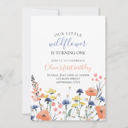 Wildflower watercolor floral first birthday invitation