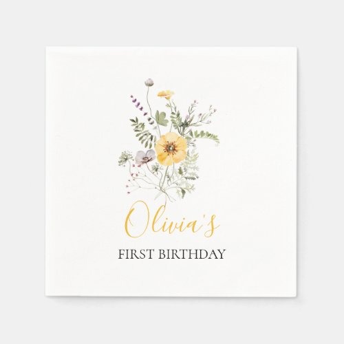 Wildflower watercolor floral first birthday napkins