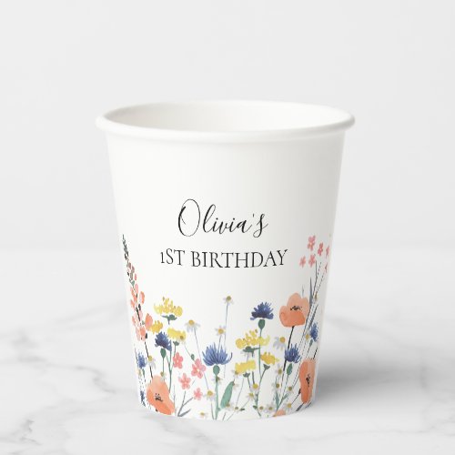 Wildflower watercolor floral first birthday paper cups