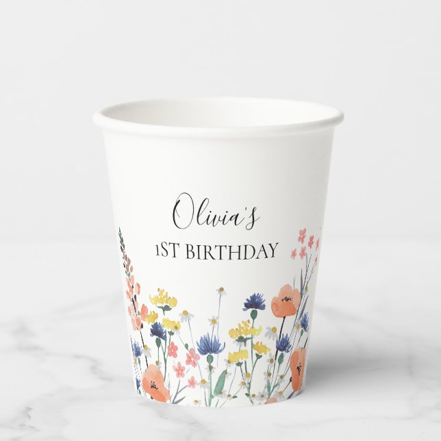 Wildflower watercolor floral first birthday paper cups (Front)