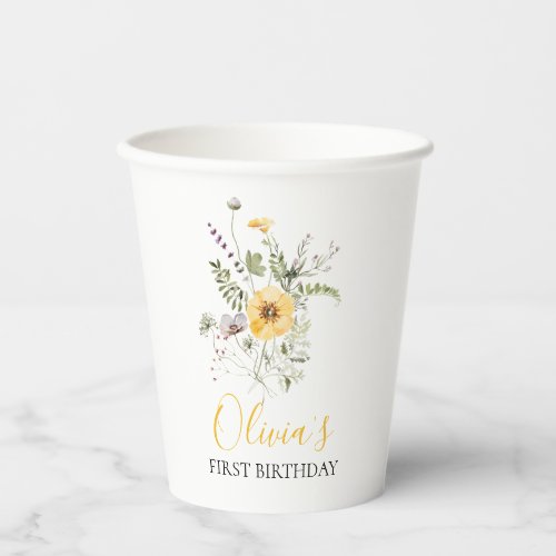 Wildflower watercolor floral first birthday paper cups
