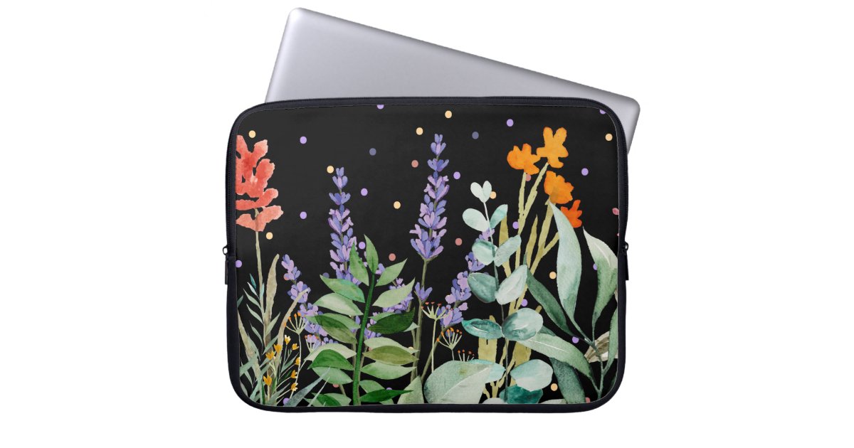 Wildflower Watercolor Floral Greenery Black Laptop Sleeve | Zazzle