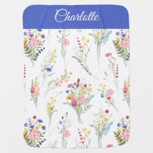 Wildflower Watercolor Floral Pattern Name Baby Blanket