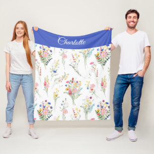 Wildflower Watercolor Floral Pattern Name Fleece Blanket