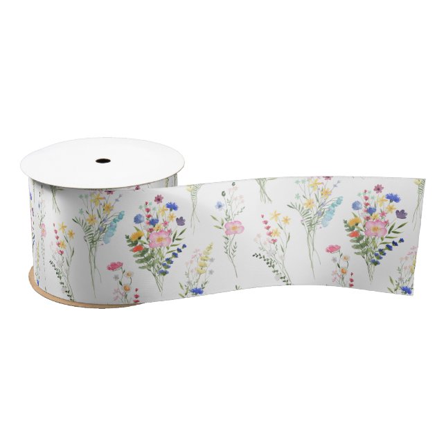  Wildflower Watercolor Floral Pattern Satin Ribbon (Spool)