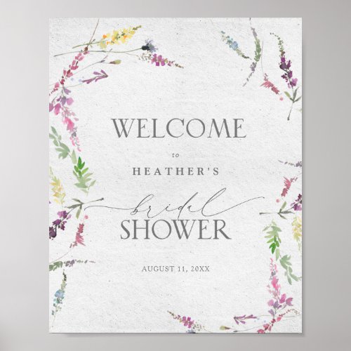 Wildflower Watercolor Floral Shower Welcome Poster - Welcome bridal shower guest with this beautiful elegant watercolor wildflower motifs in soft shades of blush pink, lilac and lavender, yellows, blues and delicate green botanical leaves. Personalize your bridal shower details in soft off-black, accented with beautiful modern hand lettered calligraphy. Part of a co-ordinated suite. See full collection here: https://www.zazzle.com/collections/elegant_wildflower_watercolor_floral_bridal_shower-119635760261893795 contact designer for additional products. Copyright Elegant Invites, all rights reserved.