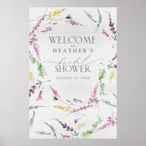 Wildflower Watercolor Floral Shower Welcome Poster - Welcome your bridal shower guest with this beautiful elegant watercolor wildflower motifs in soft shades of blush pink, lilac and lavender, yellows, blues and delicate green botanical leaves. Personalize your bridal shower details in soft off-black, accented with beautiful modern hand lettered calligraphy. Part of a co-ordinated suite. See full collection here: https://www.zazzle.com/collections/elegant_wildflower_watercolor_floral_bridal_shower-119635760261893795 contact designer for additional products. Copyright Elegant Invites, all rights reserved.