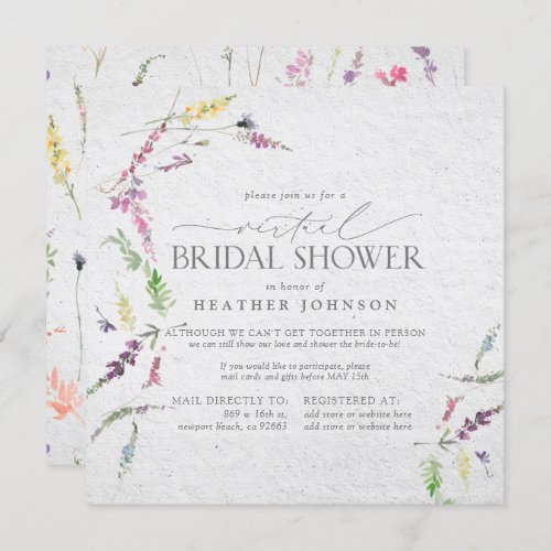 Wildflower Watercolor Floral Virtual Shower Invitation - Modern, elegant square Virtual bridal shower invitation featuring watercolor wildflower motifs in soft shades of blush pink, lilac and lavender, yellows, blues and delicate green botanical leaves. Personalize your bridal shower details in soft off-black, accented with beautiful modern hand lettered calligraphy. Part of a co-ordinated suite. See full collection here: https://www.zazzle.com/collections/elegant_wildflower_watercolor_floral_bridal_shower-119635760261893795 contact designer for additional products. Copyright Elegant Invites, all rights reserved.