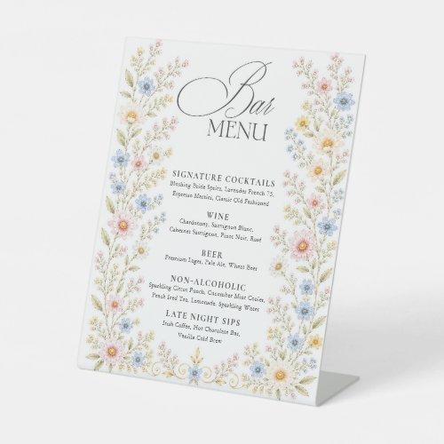 Wildflower Watercolor Floral Wedding Bar Menu Pedestal Sign