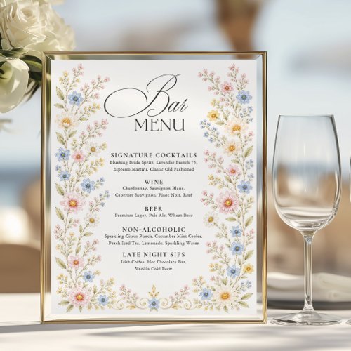 Wildflower Watercolor Floral Wedding Bar Menu Poster