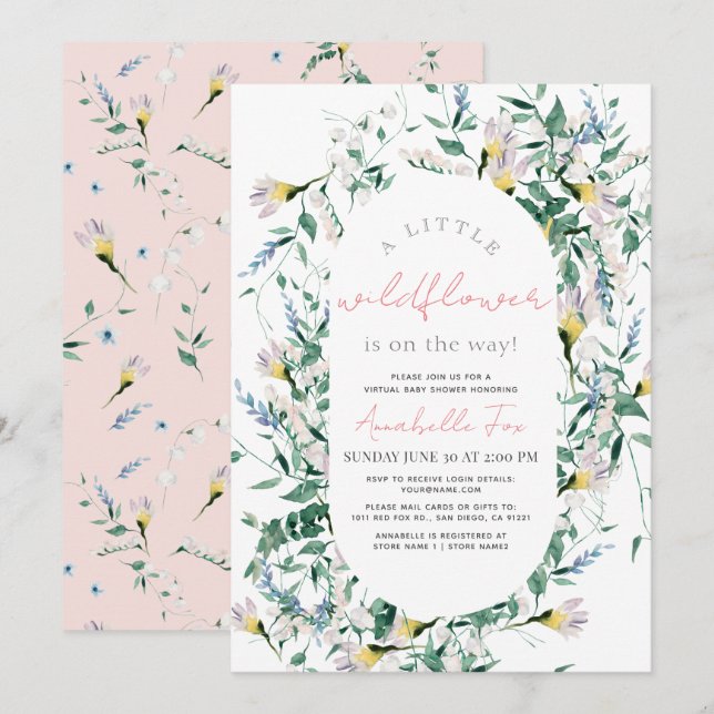 Wildflower Watercolor Girl Virtual Baby Shower Invitation (Front/Back)
