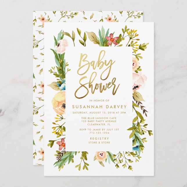 Wildflower Watercolor GOLD Calligraphy Baby Shower Invitation (Front/Back)