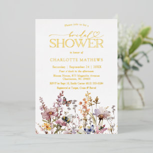 Wildflower Watercolor & Gold Type Bridal Shower Foil Invitation
