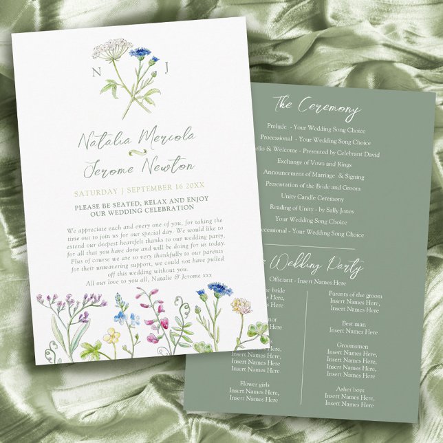 Wildflower watercolor green wedding program (Creator Uploaded)