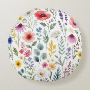 Wildflower Watercolor Meadow Botanical Floral Round Pillow
