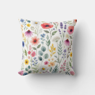 Wildflower Watercolor Meadow Botanical Floral Throw Pillow