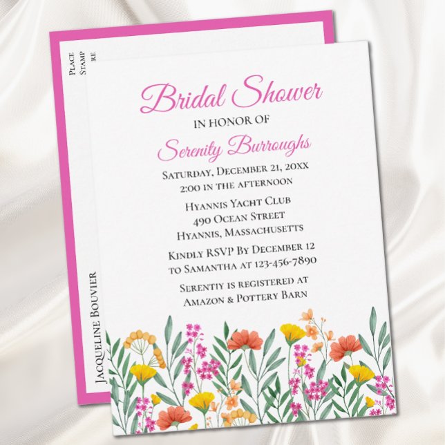 Wildflower Watercolor Pink Floral Bridal Shower Invitation Postcard (Creator Uploaded)