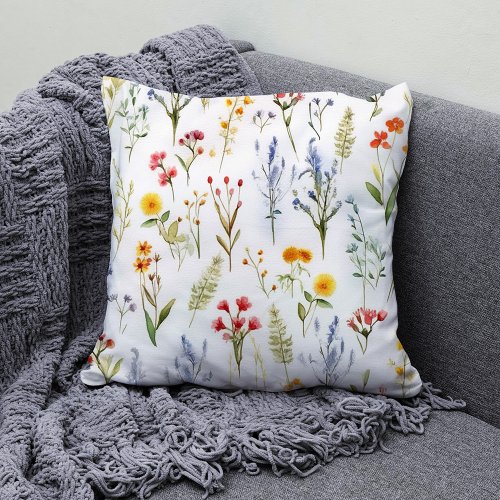 Wildflower Watercolor Summer Floral Botanical Throw Pillow