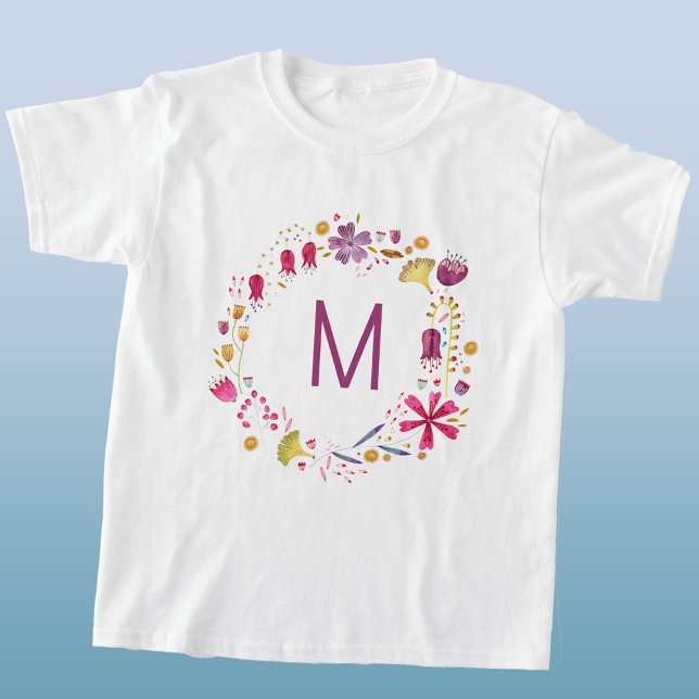 Wildflower Watercolor Wreath Monogram Initial T-Shirt (Monogram initial personalized watercolor botanical floral wreath t-shirt)