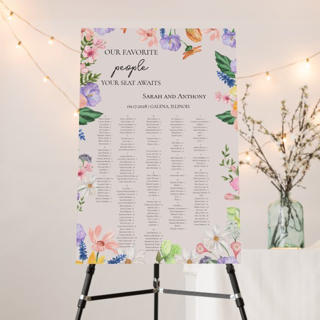 Wildflower Wedding Alphabetical Seating Chart Foam Board (In Situ (Stand))