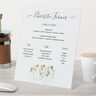 Wildflower Wedding Bar Menu, Signature Drink Menu  Pedestal Sign