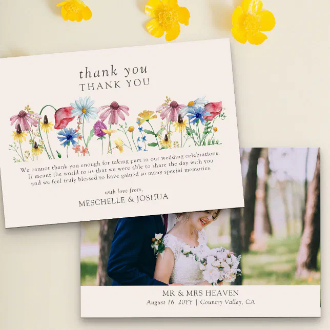 Wildflower Wedding Country Floral Photo Thank You Card | Zazzle