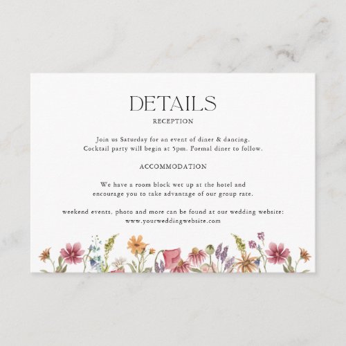 Wildflower Wedding Details Information Enclosure Card