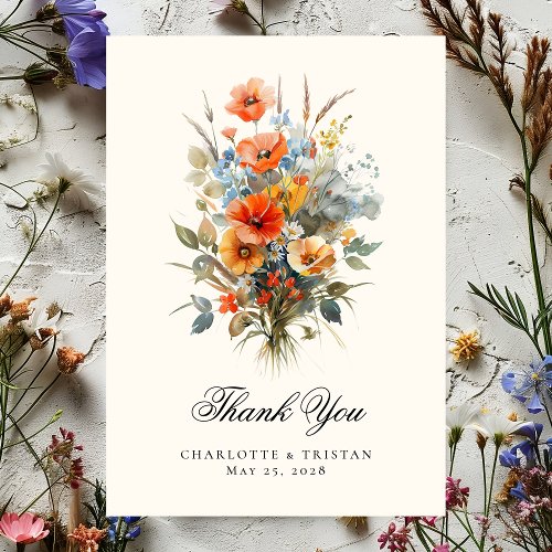 Wildflower Wedding Elegant Calligraphy Photo Thank You Card