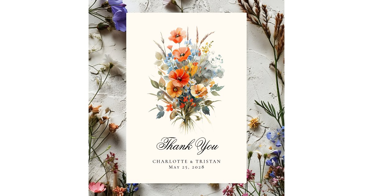Wildflower Wedding Elegant Calligraphy Photo Thank You Card | Zazzle