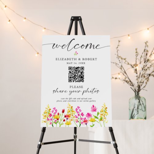 Wildflower Wedding Floral Welcome Photo QR Code Foam Board