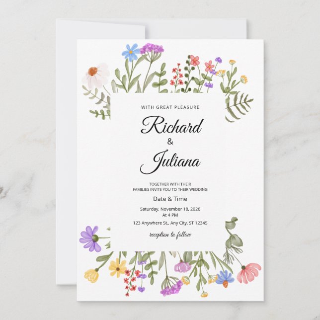 Wildflower Wedding Invitation Boho Floral Elegant  (Front)