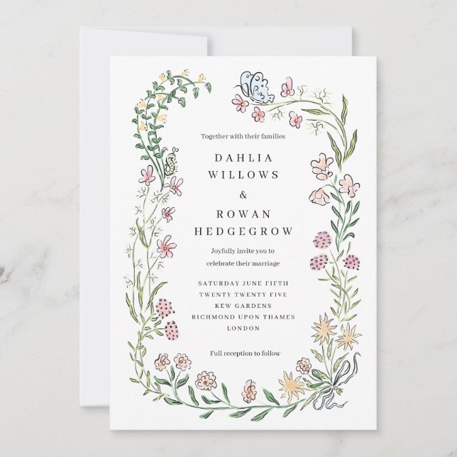 Wildflower Wedding Invitation Card with Ribbon Bow (Front)