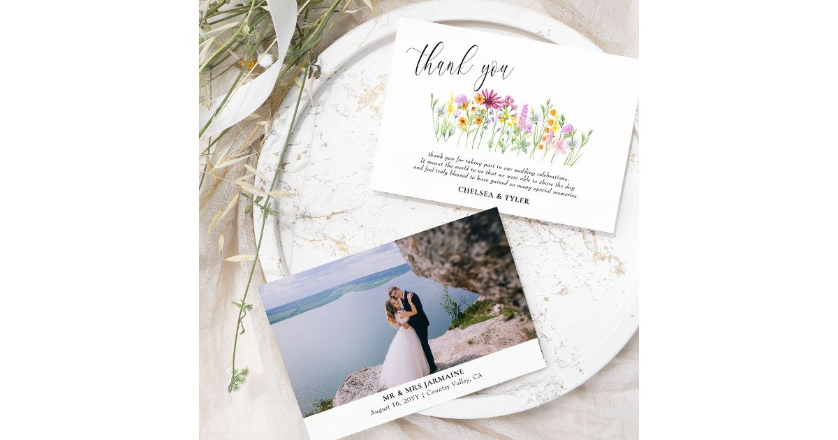 Wildflower Wedding Photo Meadow Flowers Thank You Card | Zazzle