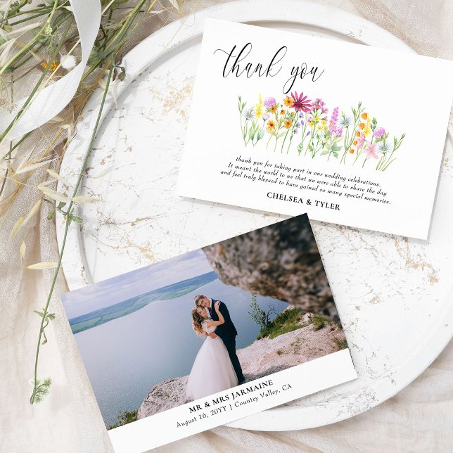 Wildflower Wedding Photo Meadow Flowers Thank You Card (Wedding photo thank you card from my Wildflower Meadow wedding collection)