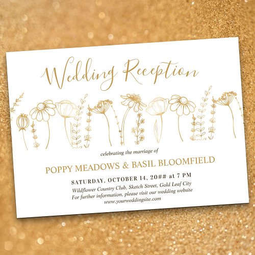 Wildflower Wedding Reception Gold Floral Sketch Invitation