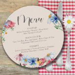 Wildflower Wedding Rustic Boho Wild Flowers Round Menu<br><div class="desc">Wildflower menu for your wedding, bridal shower or other event. This watercolor botanical design has a pretty border of wildflowers including daisy poppy cornflower coneflower buttercup and clover. An elegant modern floral with bouncy calligraphy. Perfect for rustic country, cottagecore / countrycore or bohemian, floral, natural garden theme etc. Please browse...</div>