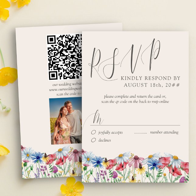 Wildflower Wedding Rustic Photo and QR Code RSVP Card (Wildflower Wedding RSVP card with custom photo, qr code and traditional response form )