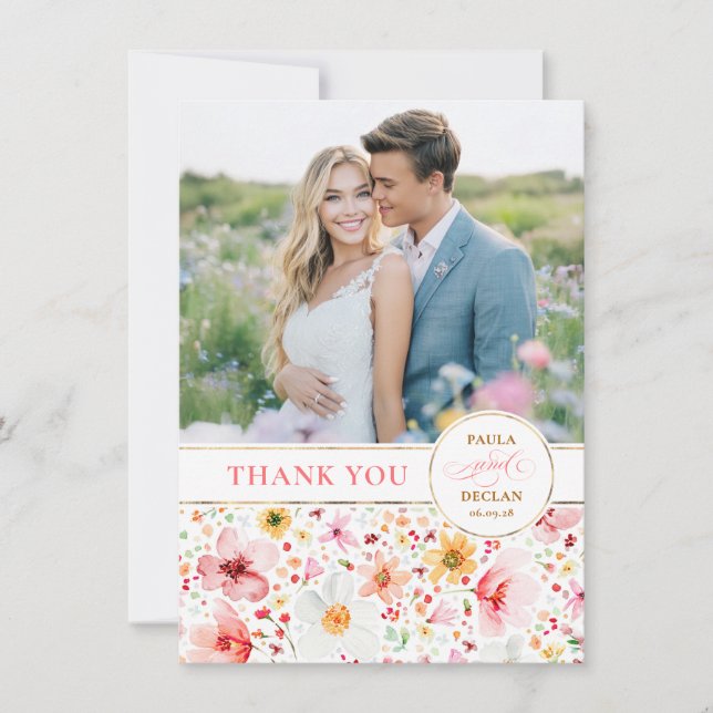Wildflower Wedding Two Sided Thank You Photo Card (Front)