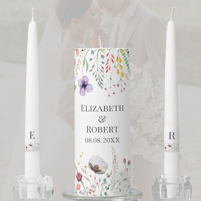 Wildflower Wedding Unity Candle Set (Colorful Wildflower Meadow Wedding Unity Candle Set)