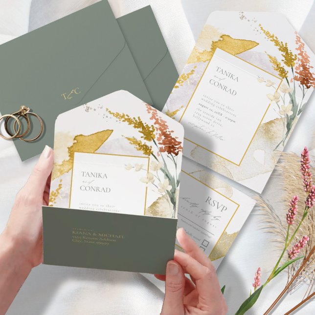Wildflower Wedding Watercolor Gold ID954 All In One Invitation (Creator Uploaded)
