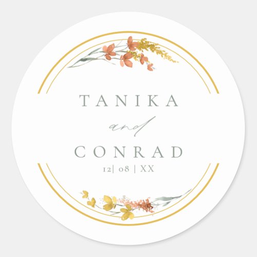 Wildflower Wedding Watercolor Names Gold ID954  Classic Round Sticker
