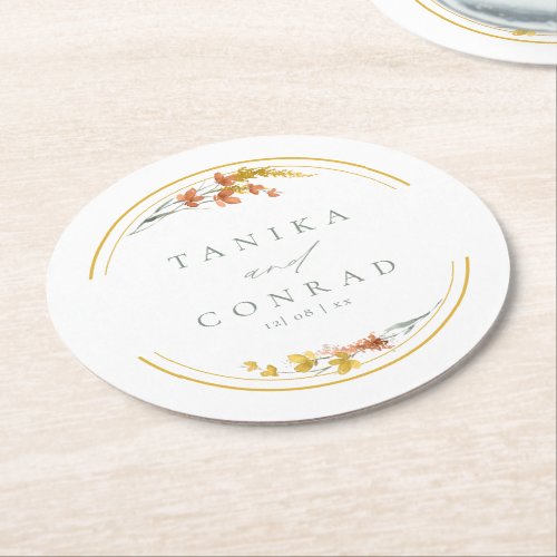 Wildflower Wedding Watercolor Names Gold ID954 Round Paper Coaster