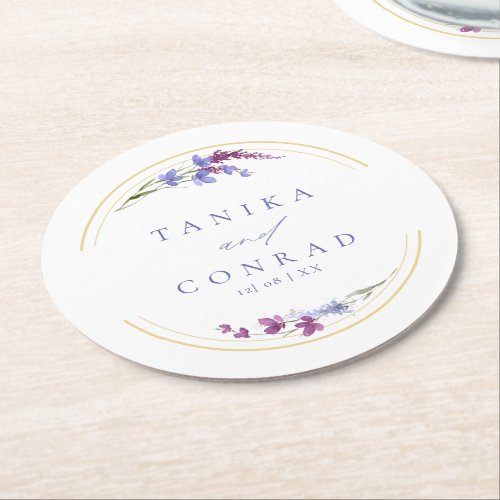 Wildflower Wedding Watercolor Names Peri ID954 Round Paper Coaster