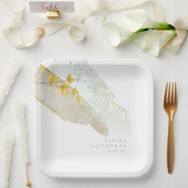 Wildflower Wedding Watercolor Paint Str Gold ID954 Paper Plates (Wedding)