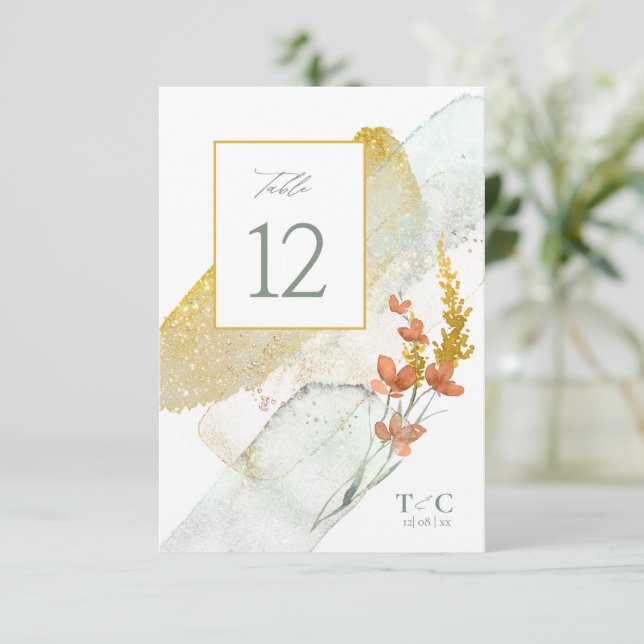 Wildflower Wedding Watercolor Table No. Gold ID95 Invitation (Standing Front)